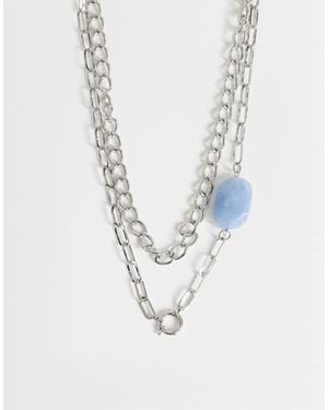 TOPSHOP Oakley Stainless Steel Multi Chain Necklace With Blue Stone - White