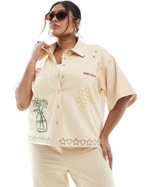 Renee Studio Plus Exclusive Linen Blend Button Front Embroidered Detail Shirt Co-Ord - Natural