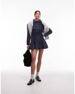 Collusion Long Sleeve Ruched Mini Shirt Dress - Blue