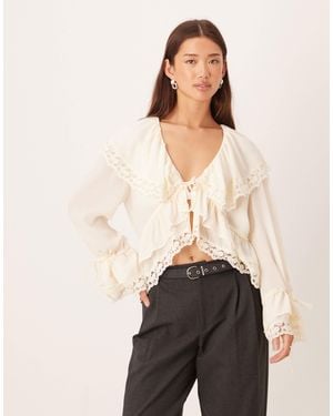 Y.A.S Lace Trim Ruffle Boho Blouse - Natural