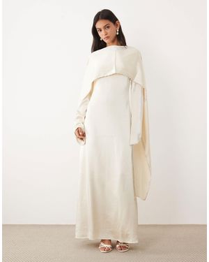 JW PEI Satin Pearl Trimmed Cape Sleeve Maxi Dress - Natural