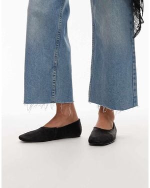 Mango Zapatos Negros Planos Con Puntera Cuadrada De Cuero Auténtico Efecto Piel De Potro De - Azul