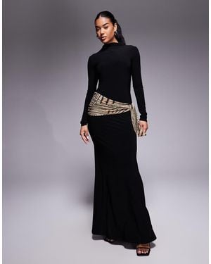 ASOS Highneck With Open Back And Printed Scarf Detail Maxi Dress - Blue