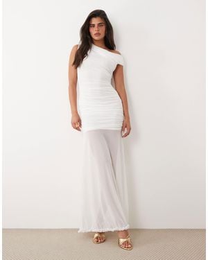 TFNC London Mesh Asymmetric Off Shoulder Ruched Sheer Hem Maxi Dress - White
