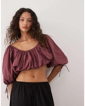 Mango Cotton Mix Cropped Balloon Sleeve Top - Red