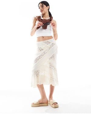 Pull&Bear Lace Midi Skirt With Asymmetric Hem - White