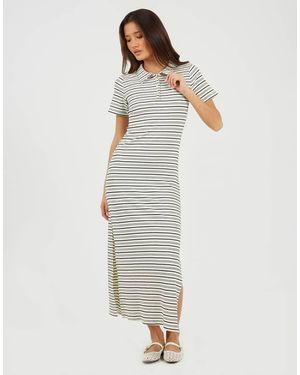 Brave Soul Striped Collared Maxi Dress With Split Detail - White