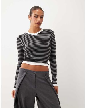 Lioness Barbie Top A Maniche Lunghe Con Scollo A V A Righe Blu Notte - Grigio