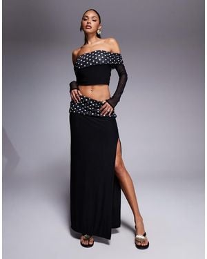 Kaiia Exclusive Double Layered Slinky Foldover Waistband Side Split Detail Maxi Skirt Co-ord - Blue
