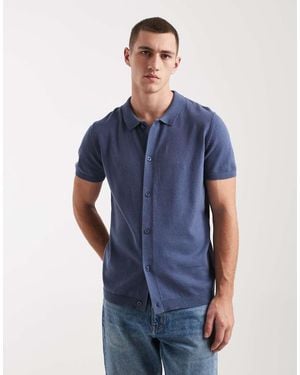 New Look Button Through Knitted Polo Top - Blue