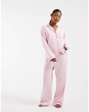 Loungeable Petite Super Soft Jersey Revere Top And Wide Leg Pajama Set - Pink