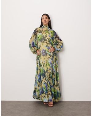 ARRANGE Vestido Largo De Corte Trapecio Con Estampado Floral Llamativo Y Cuello Alto De - Verde