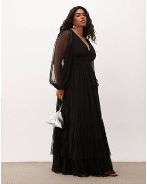 Lace & Beads Plus Bridesmaid Tulle Sheer Sleeve Plunge Neck Tiered Maxi Dress - Black