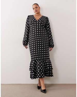 Lace & Beads Plus Plunge Neck Balloon Sleeve Tiered Ruffle Hem Maxi Dress - Black