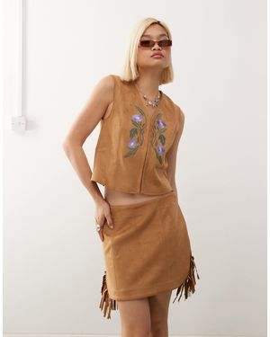 Reclaimed (vintage) Faux Suede Festival Mini Skirt With Fringing - Natural