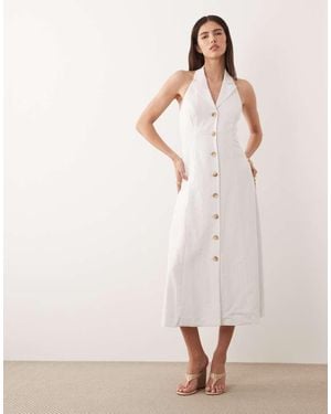 Nobody's Child Linen Blend Halter Neck Collar Detail Tailored Midi Dress - Natural