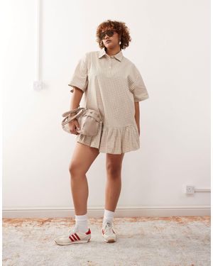 Collusion Plus Check Pleated Skirt Shirt Dress - Natural