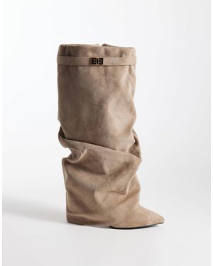 SEQWL Wide Fit Ranger Faux Suede Fold Over Knee Boots - Natural