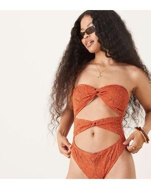 ASOS Asos Design Petite Kyle Eyelet Brooke Twist Front Strapless Swimsuit - Orange