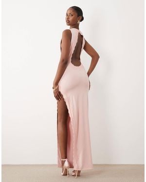 Oh Polly Modal Halter Neck Open Back Detail Lace Trim Maxi Dress - Natural