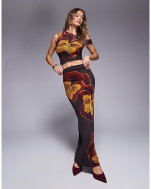Kaiia Exclusive X Sasha Corte Mesh Floral Maxi Skirt Co-ord - Brown