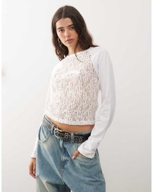 Collusion Mixed Texture Lace Raglan T-Shirt - White