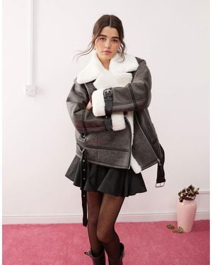 Miss Selfridge Distressed Faux Leather Contrast Aviator Jacket - Pink