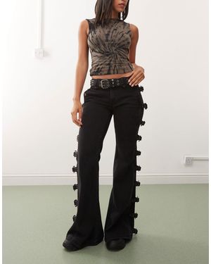 Minga London Buckle Up Strap Flared Jeans - Black