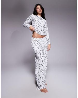 Threadbare Long Sleeve Lettuce Hem Ski Print Pajamas - Gray