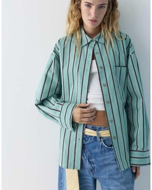 Pull&Bear Striped Shirt With Pocket - Blue