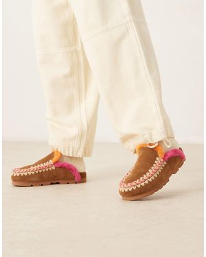Mou Overstitched Suede Mules - Natural