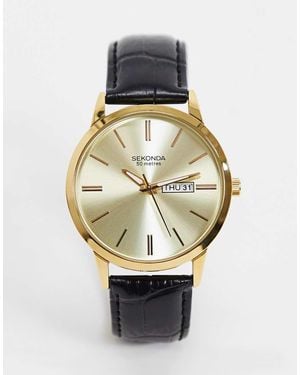 Sekonda Jackson 40mm Analog Watch With Gold Alloy Round Case, Leather Strap And Gold Dial - Black