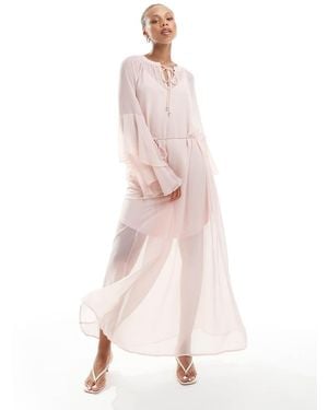 Vero Moda Boho Frill Sleeve Tie Waist Maxi Dress - Pink