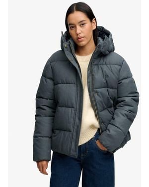 Superdry Premium Hooded Check Puffer Jacket - Blue