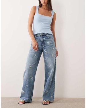 Mango Beverly Cotton Mix Straight Jean With Floral Embroidery - Blue