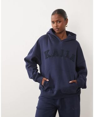 Kaiia Cotton Rich Boucle Logo Oversized Hoodie - Blue