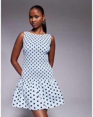 Kaiia Exclusive Shirred Bodice Drop Waist Pleated Hem Mini Dress - Blue