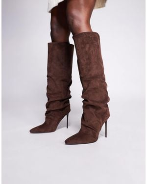 SIMMI Simmi London Cotton Stiletto Heel Ruched Knee Boots - Brown