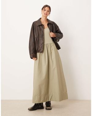 Mango Robe longue en coton à taille basse - kaki - Neutre