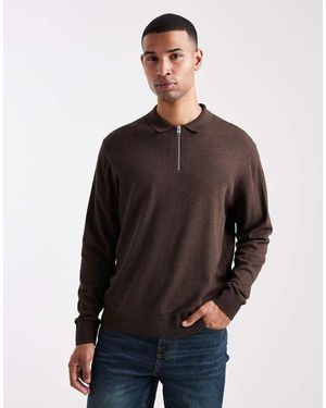 Jack & Jones Quarter Zip Knitted Polo - Brown