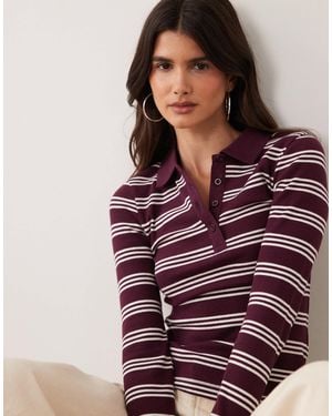 Brave Soul Long Sleeve Ribbed Polo Top - Purple