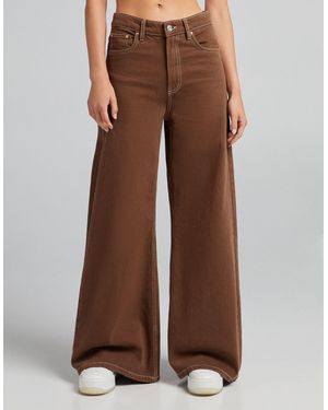 Bershka Wide Leg Trouser With Contrast Seam - Brown