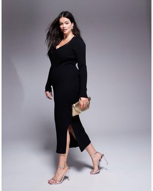 In The Style Plus Soft Ribbed V Neck Maxi Jumper Dress - Blue