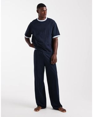 ASOS Pyjama Set With Wide Leg Pant And Contrast Binding - Blue