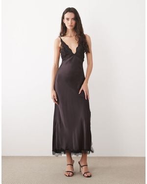 Mango Satin Maxi Dress With Delicate Lace Trim - Red