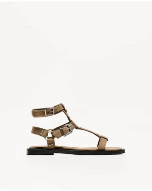 Bershka Flat Slider Sandals With Buckles - Natural