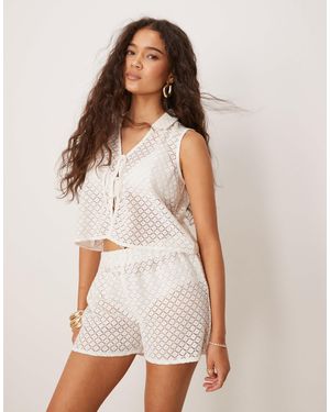 esmé studios Esmee Exclusive Tie Front Crochet Beach Waistcoat Co-ord - White