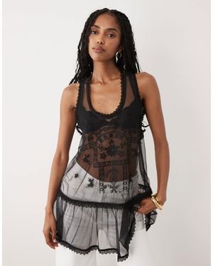 Miss Selfridge Embroidered Mesh Cami Top - Black