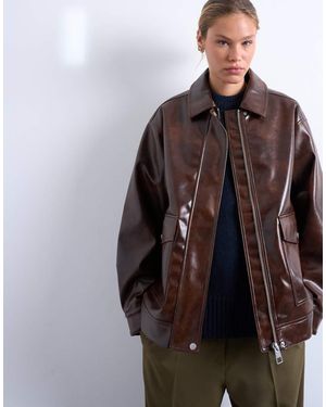 TOPSHOP Faux Leather Shiny Mottled Patch Pocket Shacket - Brown