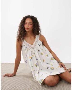 ASOS V Neck Smock Poplin Mini Sundress With Lace Overlay - White